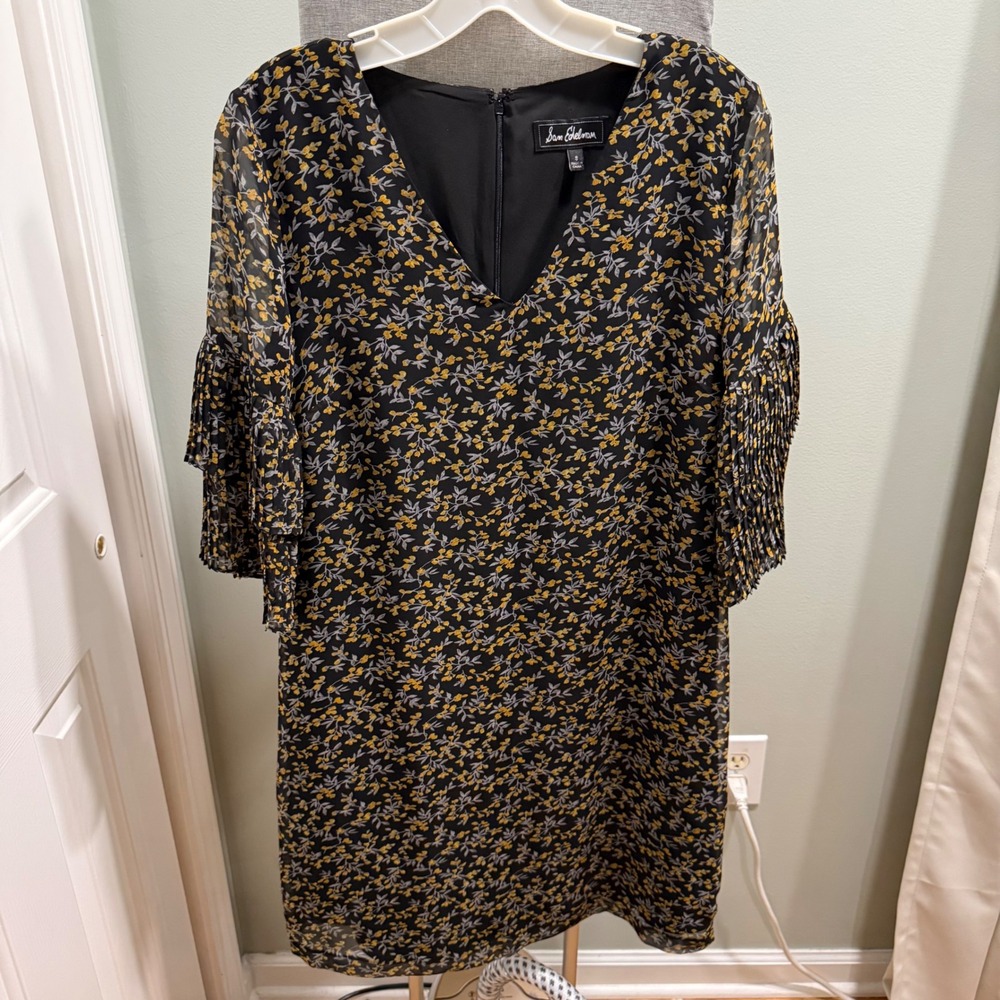 Sam Edelman Black Floral Pleated Flutter Sleeve Shift Dress Boho Fall Whimsygoth